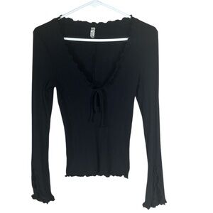 INTIMATELY FREE PEOPLE FITTED RIBBED BLACK LONG SLEEVE BLOUSE RUFFLE - S